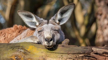 Poster -  a close up of a kangaroo laying on top of a tree branch with it's head resting on a tree branch with it's mouth open and it's eyes closed.