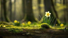  A Small Yellow Flower Sitting On Top Of A Moss Covered Log In The Middle Of A Forest Filled With Yellow Daffodils And Green Moss Growing On The Ground.