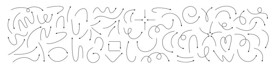Wall Mural - curved arrows set for graphic design. doodle pointer icons. handwritten sketchy pencil lines for pla