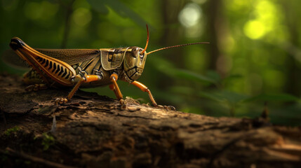  a close up of a grasshopper insect on a log in a forest with lots of trees in the back ground and green leaves on the top of the ground.