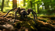  a close up of a spider on a mossy ground in a forest with sunlight streaming through the trees behind it and a blurry background of leaves and grass.