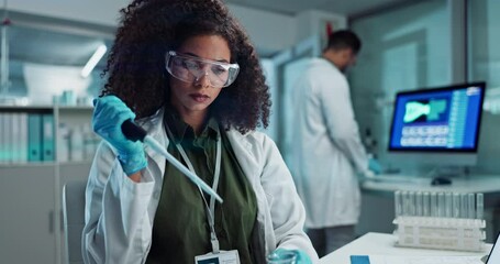 Poster - Scientist, pipette and woman with beaker for chemistry, research or experiment at laboratory. Science, glass and serious medical professional in development of cure, biotechnology or study healthcare