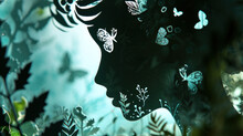 A Silhouette Of A Woman's Face With Butterflies On Her Face And In The Background Is A Field Of Leaves And A Blue Sky With A Few White Butterflies.