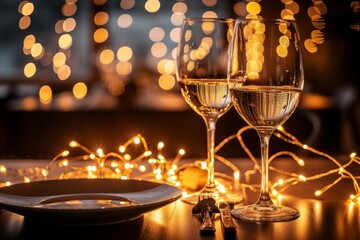 glasses on the table, bokeh of garland lights on the background