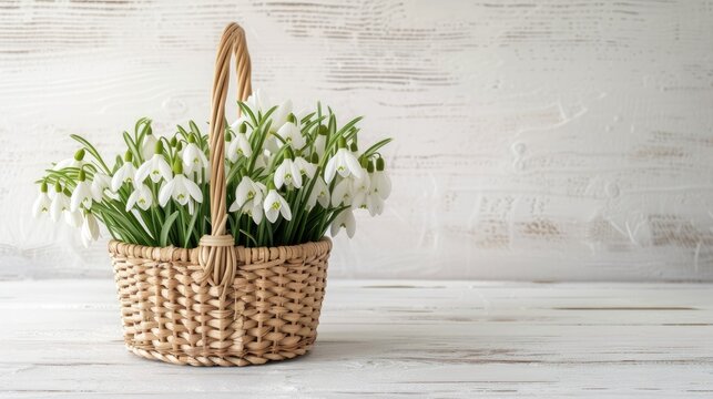 snowdrops delicately arranged in a straw basket, set against a minimalist modern style white wooden background, rendered in ultra-realistic detail to evoke a sense of natural beauty and simplicity.