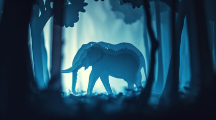 Poster -  an elephant standing in the middle of a forest with blue light coming from the back of it's trunk and behind it is a silhouette of a tree with leaves.