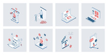 Blogging Concept Of Isometric Icons In 3d Isometry Design For Web. Bloggers Creating Video Content And Writing Articles For Posting At Social Media And Attracting New Followers. Vector Illustration