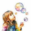 © Florin - Watercolor painting of a little girl blowing bubbles