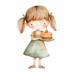 Wall Mural - Watercolor painting of a girl holding a cake