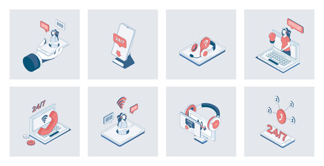 Customer support concept of isometric icons in 3d isometry design for web. Online assistance and business communication, technical solution center with operators, client feedback. Vector illustration