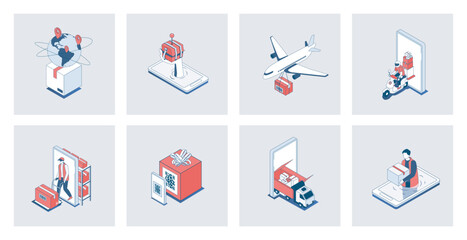 Wall Mural - Delivery concept of isometric icons in 3d isometry design for web. Global logistic, truck transportation and air shipment, sending parcels with courier, post warehouse storage. Vector illustration