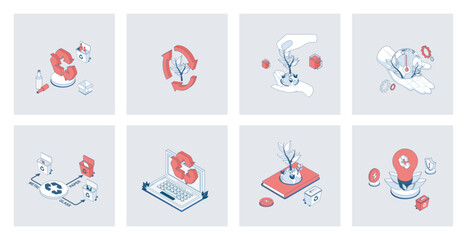 Ecology concept of isometric icons in 3d isometry design for web. Reuse and recycling technology, eco friendly, waste management, save planet and climate, alternative energy. Vector illustration