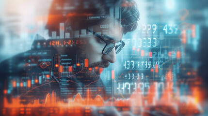 Poster - Double exposure of businessman and a rising economic graph, representing business finance