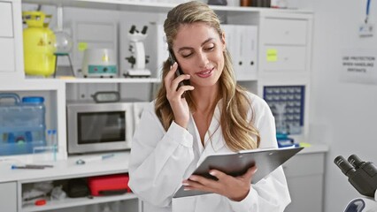 Poster - Engrossed in science, young, blonde scientist woman reading a critical document while casually talking on a smartphone, deep in conversation at her lively lab