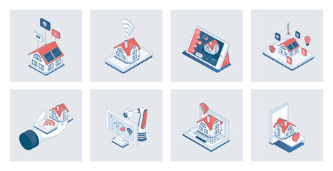 Fototapete - Smart home concept of isometric icons in 3d isometry design for web. Automation house monitoring and surveillance security system, wireless connection with different sensors. Vector illustration