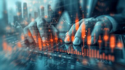 Poster - A close-up of a businessman's hand holding typing while analyzing forex chart