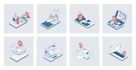 Poster - Travelling concept of isometric icons in 3d isometry design for web. Online tickets booking, flight with baggage to vacation, global tourism, summer trip to sea beach resort. Vector illustration