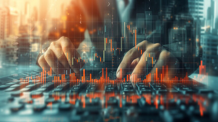 Poster - A businessman's hand on computer keyboard, navigating financial charts and data