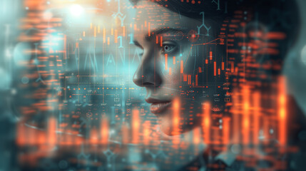 Poster - A businessman with serious expression studying economic growth, double exposure