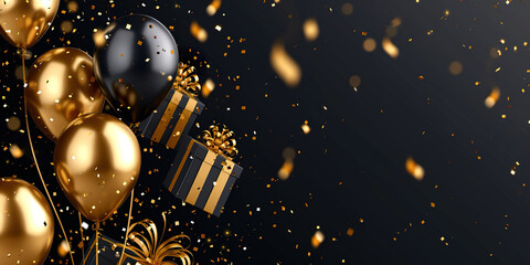 Wall Mural - Holiday celebration background with Black Gold balloons, gifts and confetti