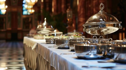  a table topped with lots of silver dishes and covered in a clochet covered dish on top of a white table cloth covered with a black checkered table cloth.