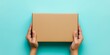 Female hands holding brown rectangular cardboard box on light blue background. Mockup parcel box. Packaging, shopping, delivery concept