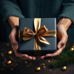 Wall Mural - hand holding a gift box with a golden bow