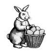 Easter Bunny Holding a Basket full of Easter Eggs. Vintage woodcut engraving style vector illustration isolated on white. 