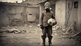 Fototapeta  - creepy kid vintage photo wearing gas mask - Generative AI