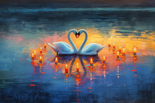 An Oil Painting Of Two Swans Forming A Heart Shape On A Serene Lake, Surrounded By Floating Candles, Creating A Romantic Scene Suitable For Use In Love-themed Art And Wedding Invitations. High Quality