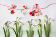 Snowdrop flowers and red and white martenitsa symbols of the March 1st Martisor holiday on white paper.