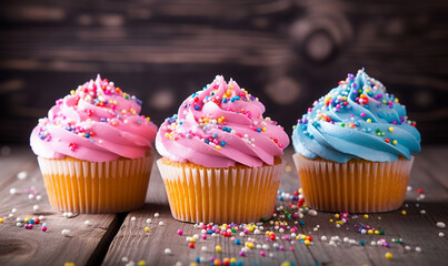 Wall Mural - Cupcakes with colorful sprinkles on wooden background. Toned.