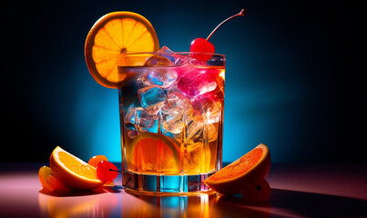 Poster - Cocktail with orange, cherry and ice on a dark background