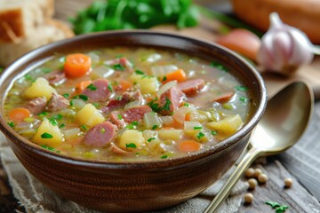 Wall Mural - Close up of hot pea soup with potatoes onions carrots bacon and sausages in a bowl