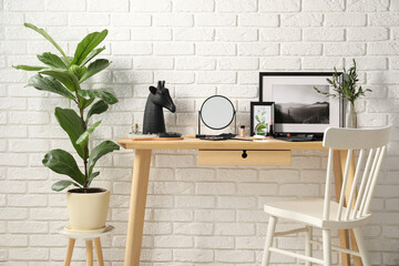 Canvas Print - Dressing table with mirror, makeup products and accessories in room