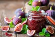 Fig jam in a wooden jar on a table