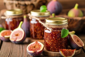 Wall Mural - Fig jam in jars on a wooden table