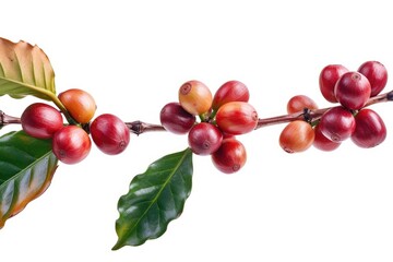 Wall Mural - Harvested coffee tree branch with red beans ripe berries isolated on white