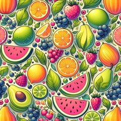 Wall Mural -  Tropical seamless pattern with tropical fruits. Cute summer background for fabrics, decorative paper, textile print. Templates for celebration, ads, branding, banner, cover, label, poster