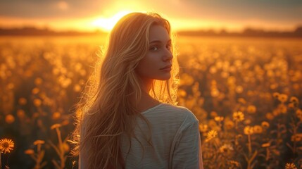 Sticker -  a woman standing in a field of sunflowers with the sun setting behind her and a field of flowers in the foreground with the sun shining on the horizon.