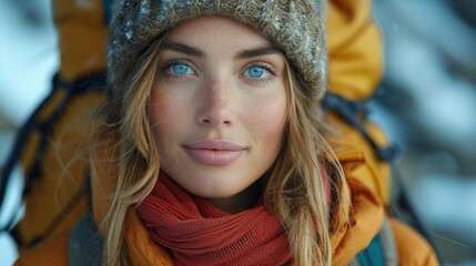 Poster -  a woman wearing a hat and scarf with a scarf around her neck and a scarf around her neck and a scarf around her neck, with a scarf around her neck.