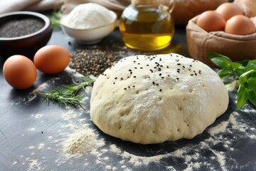 Sticker - Ingredients for yeast dough bread pizza or pie such as flour eggs sugar salt and seeds placed on a kitchen table