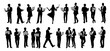 Silhouettes of business people with laptop, men and women full length front, side, back view using computer. Vector illustration isolated black on transparent background . Avatar, icons for website.