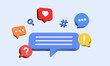 © icons gate - 3d social media and social network online communication background, chat message, like speech bubble icon, question mark and information icons. hashtag, search, magnifying glass, magnifier, 3d icons