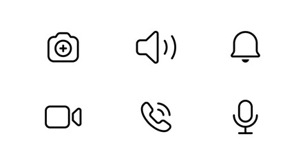 Poster - Camera icon with add plus symbol. Sound volume, speaker icon. Notification bell icon. Camera video icon. Ringing, phone call icon. Record, microphone icon - App Web line icons set. Editable stroke