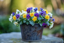 Mini Daffodils And Pansies In Iron Pot Surrounded By Stone In Your Backyard Natural Light Selective Focus