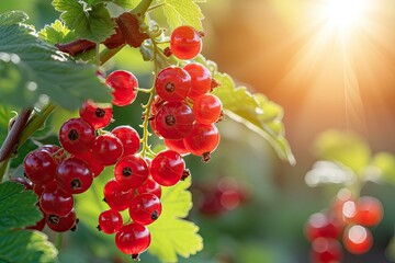 Wall Mural - Red currant berries grow on a bush in the sunny garden