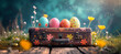 Cute suitcase with eater eggs. Concept of spring holidays 