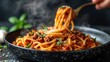 A steaming bowl of al dente spaghetti, coated in rich meat sauce and sprinkled with melted cheese, evokes memories of cozy italian cuisine enjoyed indoors with loved ones