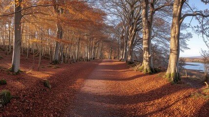 Wall Mural - path lined with trees, their leaves in shades of amber and crimson, is a crisp morning sight to behold